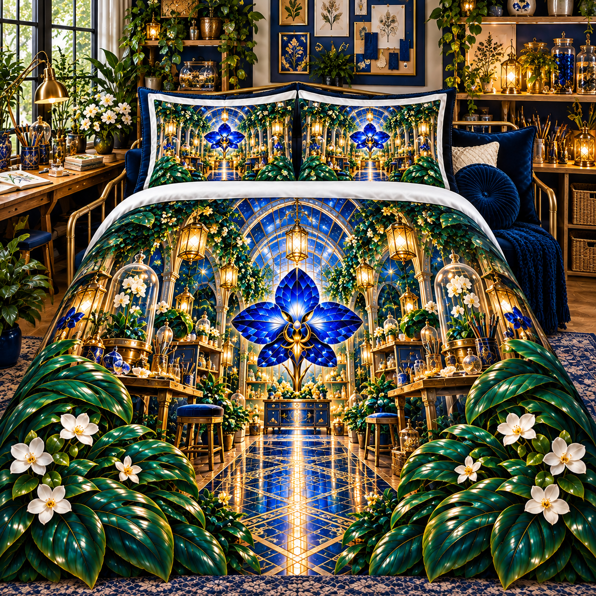 Celestial Maker Garden Quilted Bedding Set with printed optical 3D artwork in its use setting
