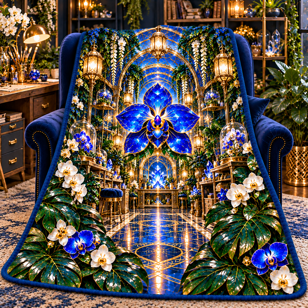 Celestial Maker Garden Sherpa & Fleece Blanket with printed optical 3D artwork in its use setting