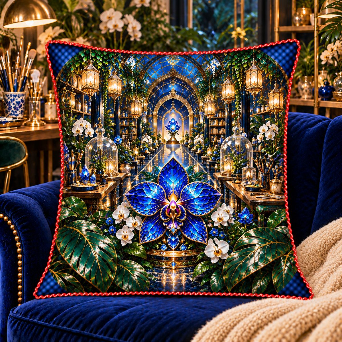 Celestial Maker Garden Quilted Cushion Cover with printed optical 3D artwork in its use setting