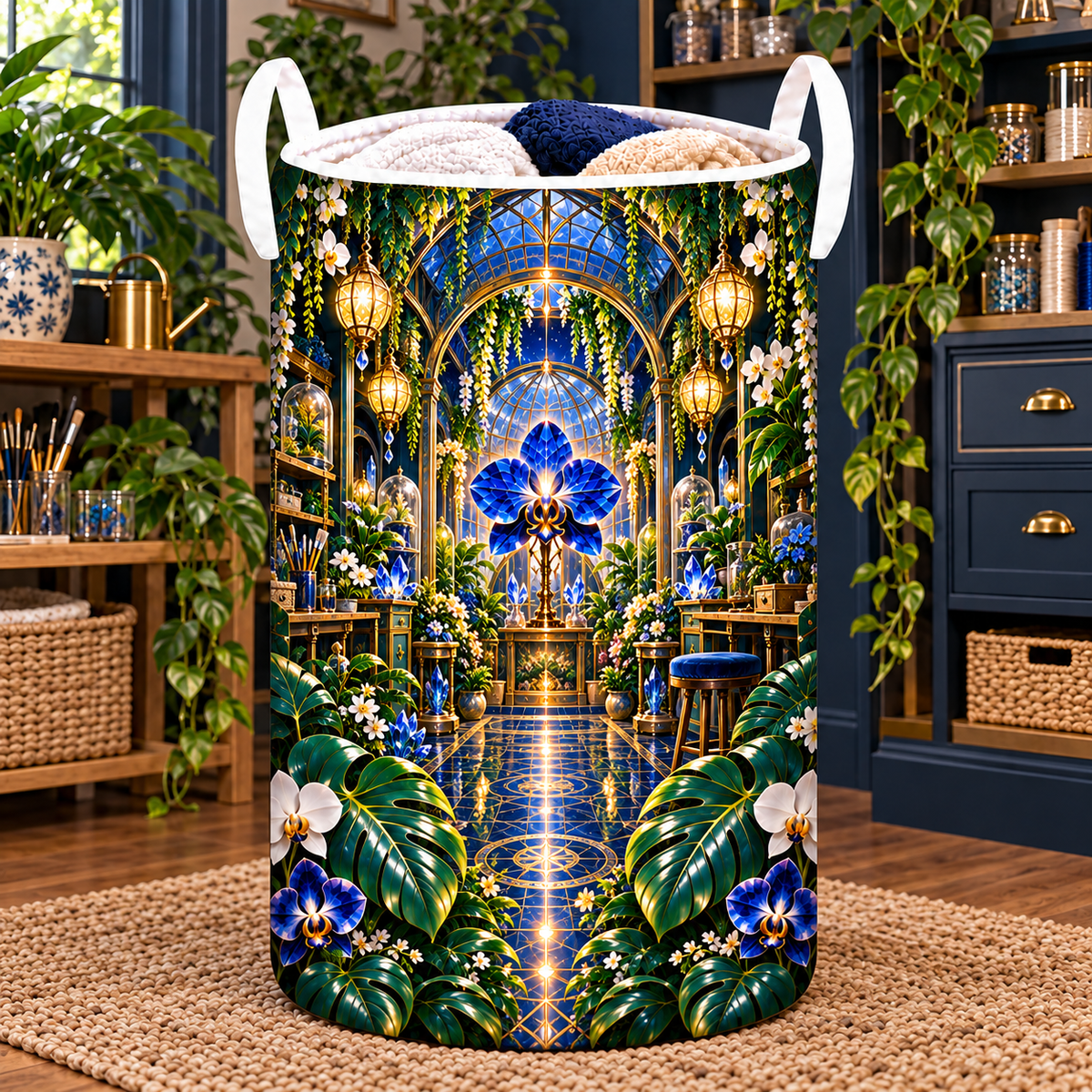 Celestial Maker Garden Laundry Hamper with printed optical 3D artwork in its use setting