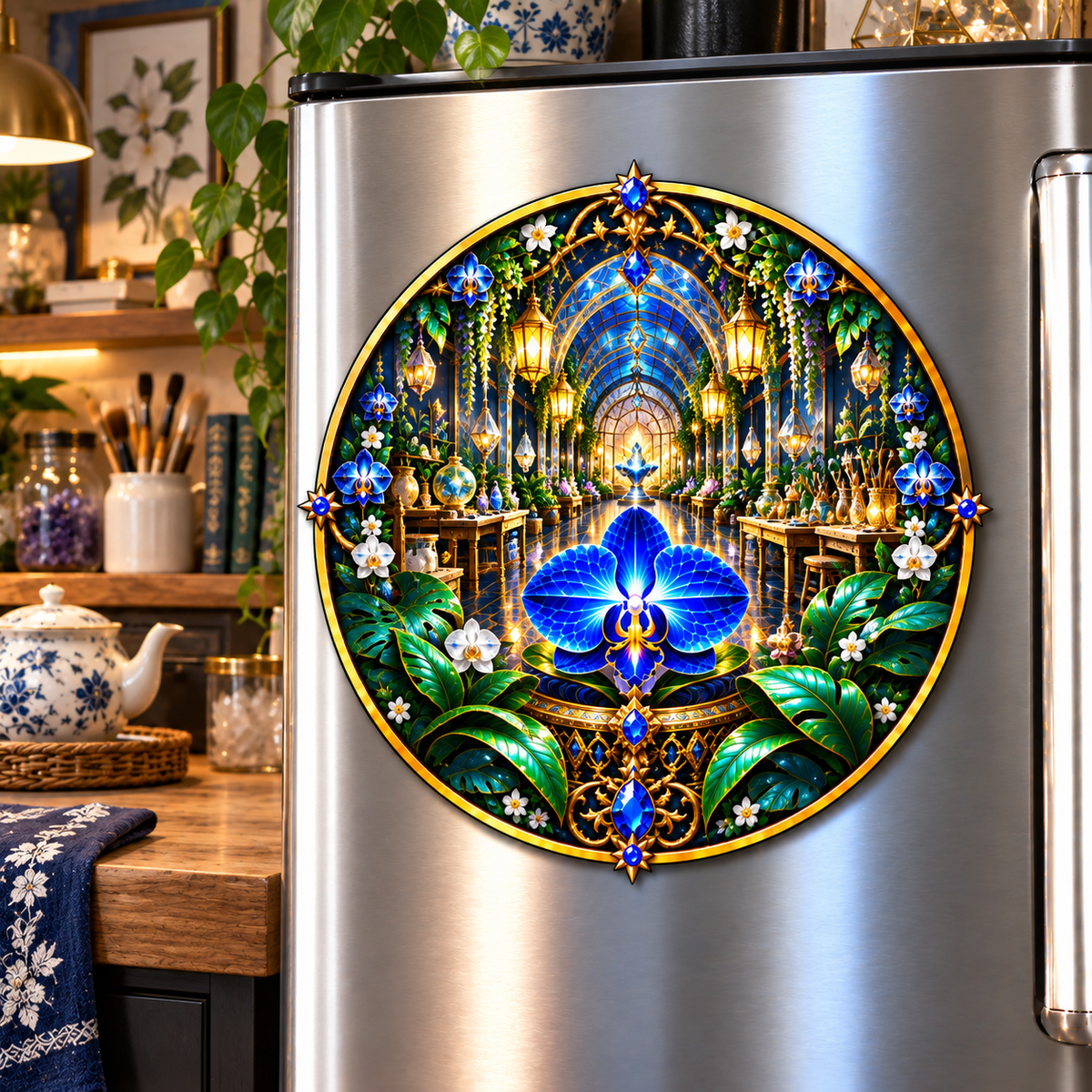 Celestial Maker Garden Acrylic Refrigerator Magnet with printed optical 3D artwork in its use setting