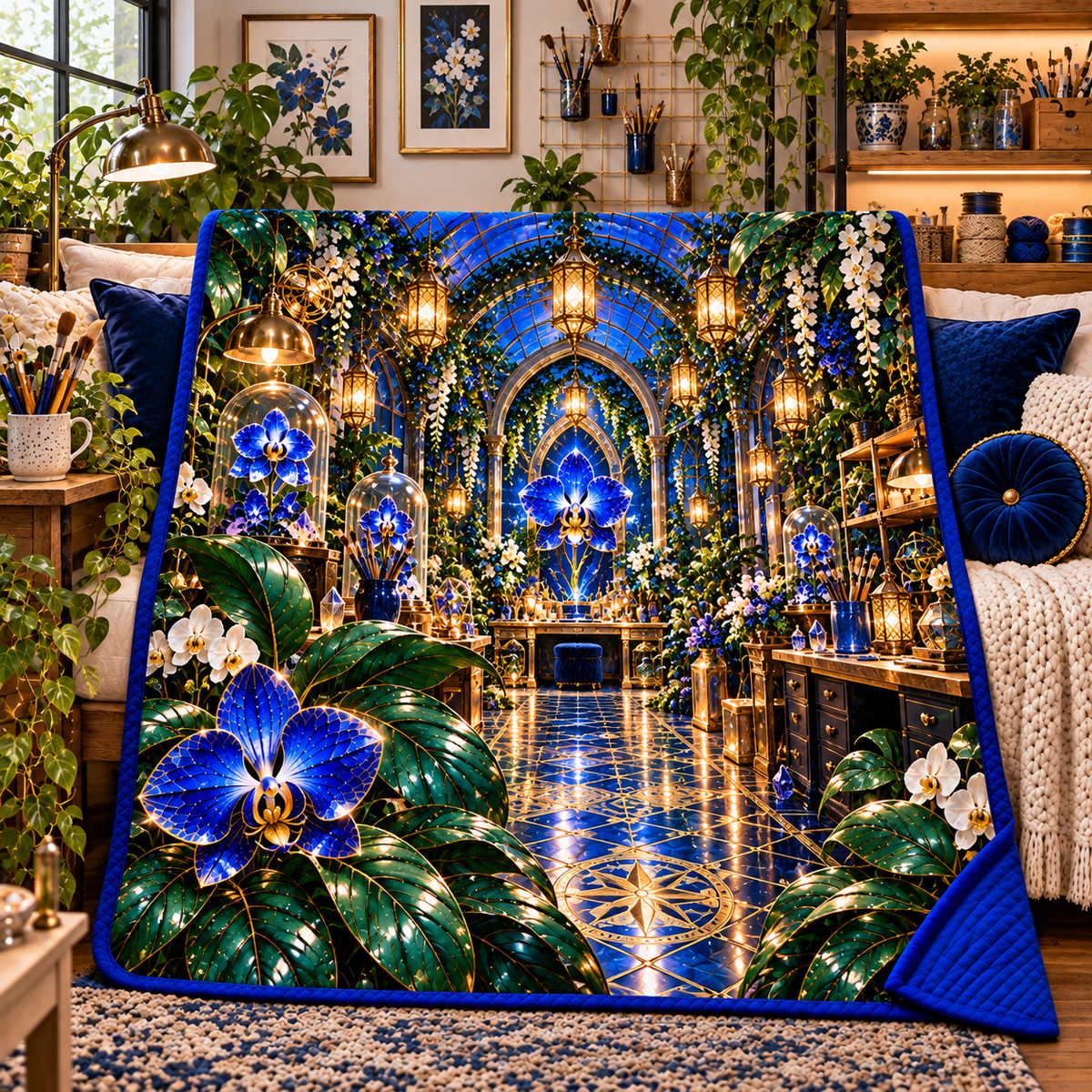 Celestial Maker Garden Quilt Blanket with printed optical 3D artwork in its use setting