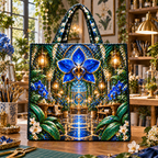 Celestial Maker Garden Quilted Tote Bag with printed optical 3D artwork in its use setting