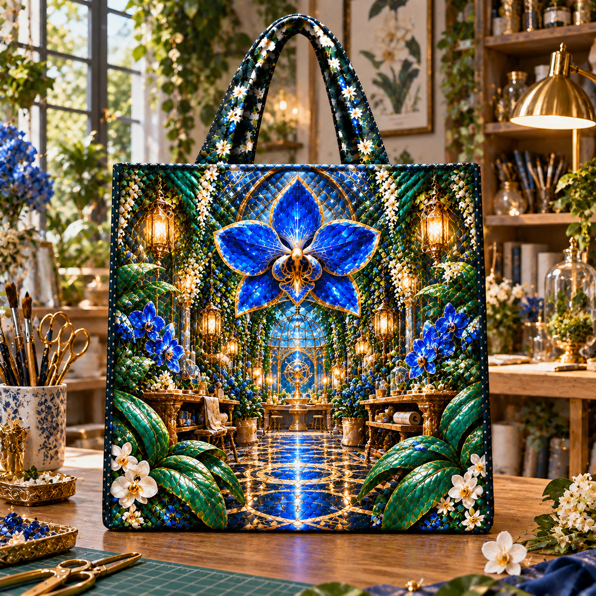 Celestial Maker Garden Quilted Tote Bag with printed optical 3D artwork in its use setting