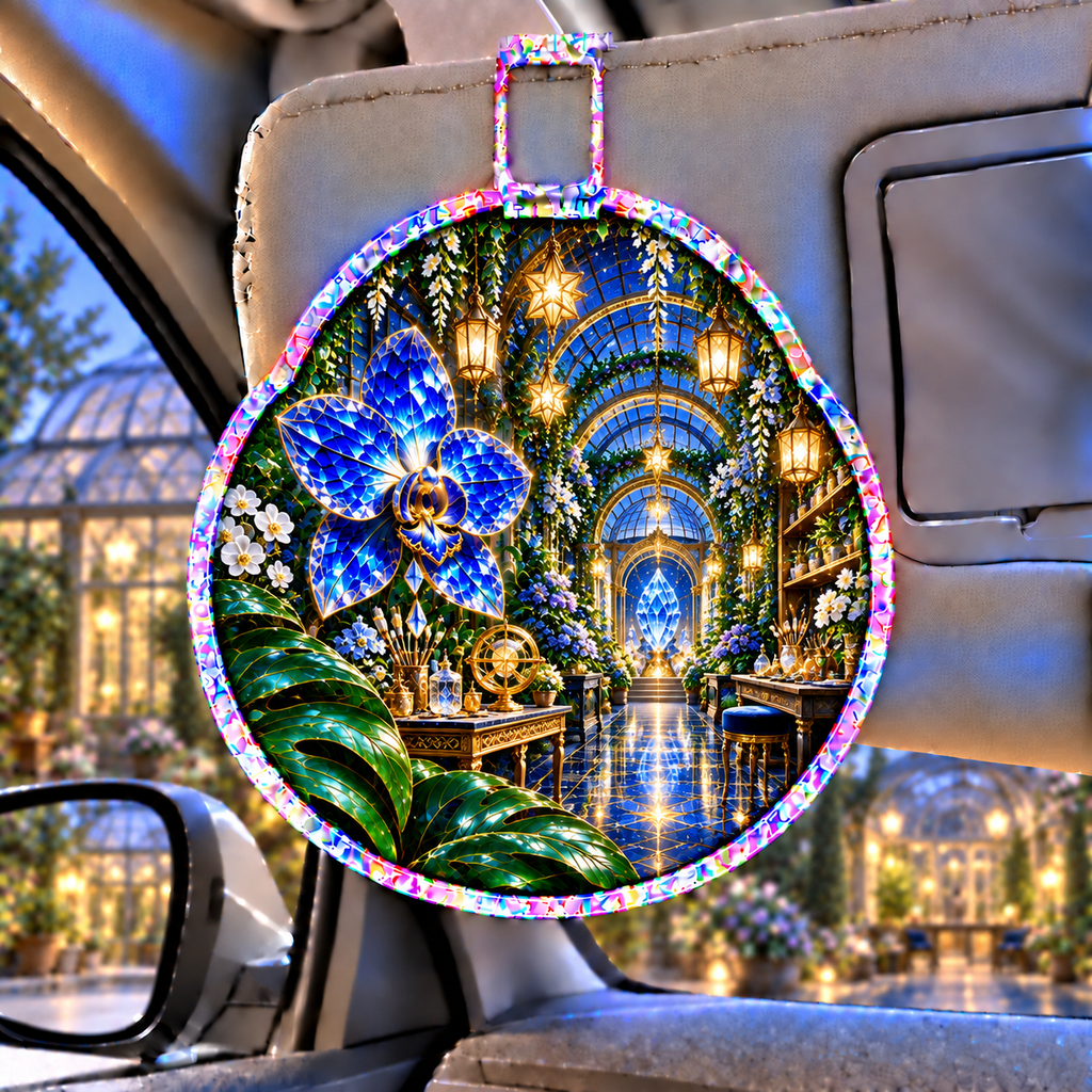Celestial Maker Garden Holographic Car Visor Clip with printed optical 3D artwork in its use setting