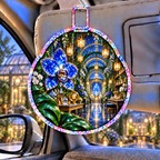 Celestial Maker Garden Holographic Car Visor Clip with printed optical 3D artwork in its use setting