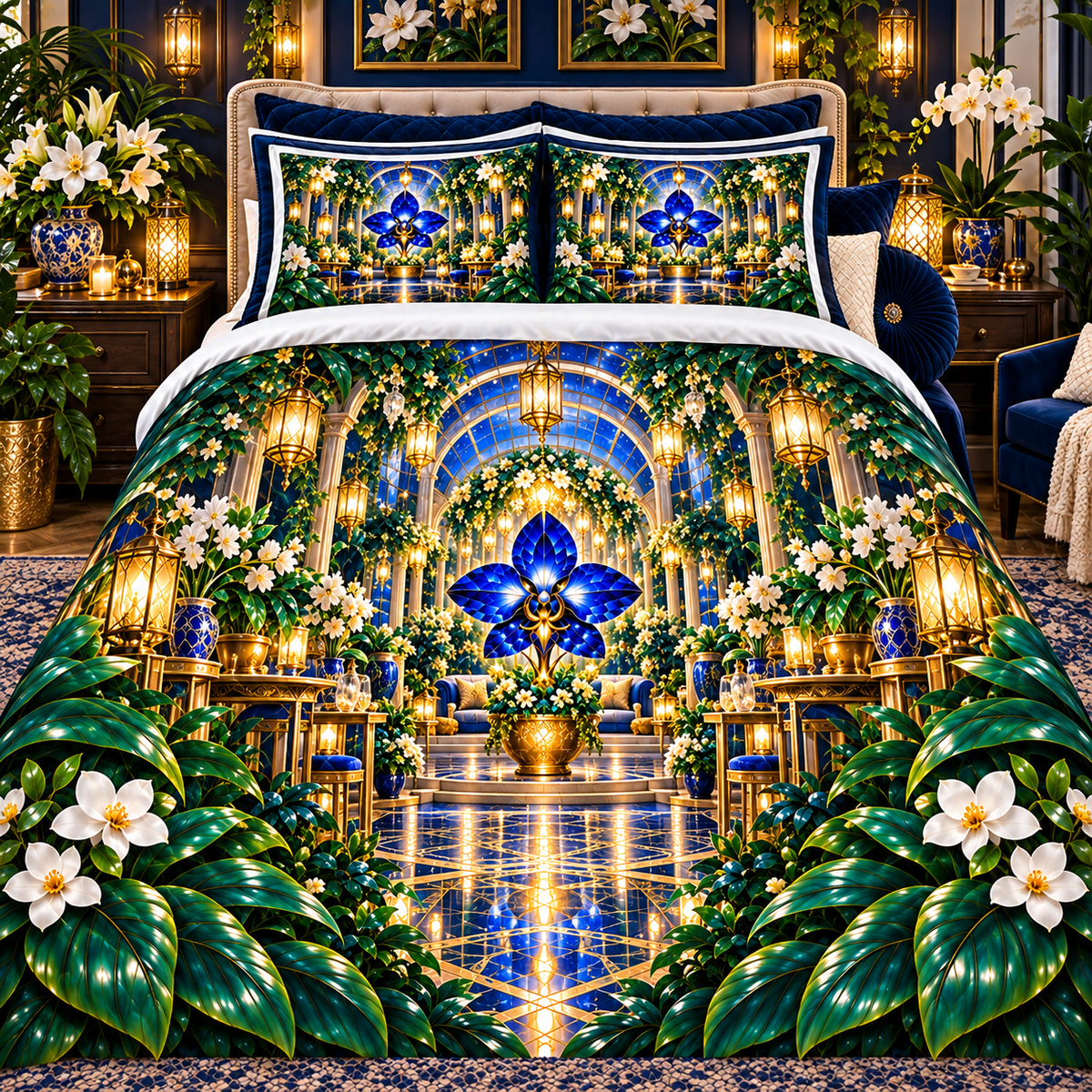 Celestial Host Garden Quilted Bedding Set with printed optical 3D artwork in its use setting