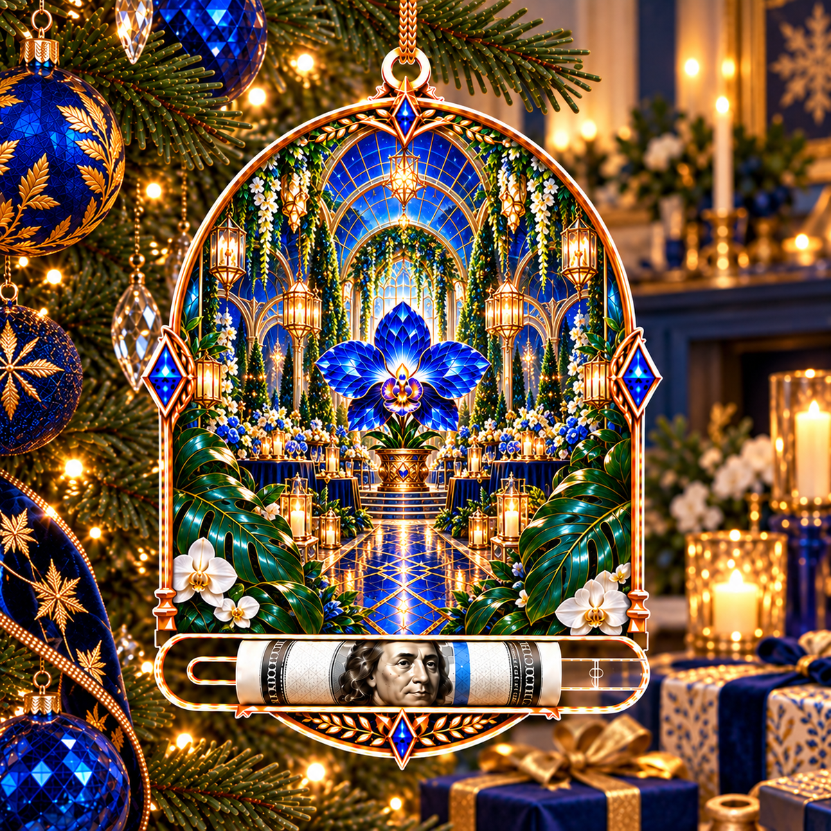 Celestial Host Garden Acrylic Cash Holder Ornament with printed optical 3D artwork in its use setting