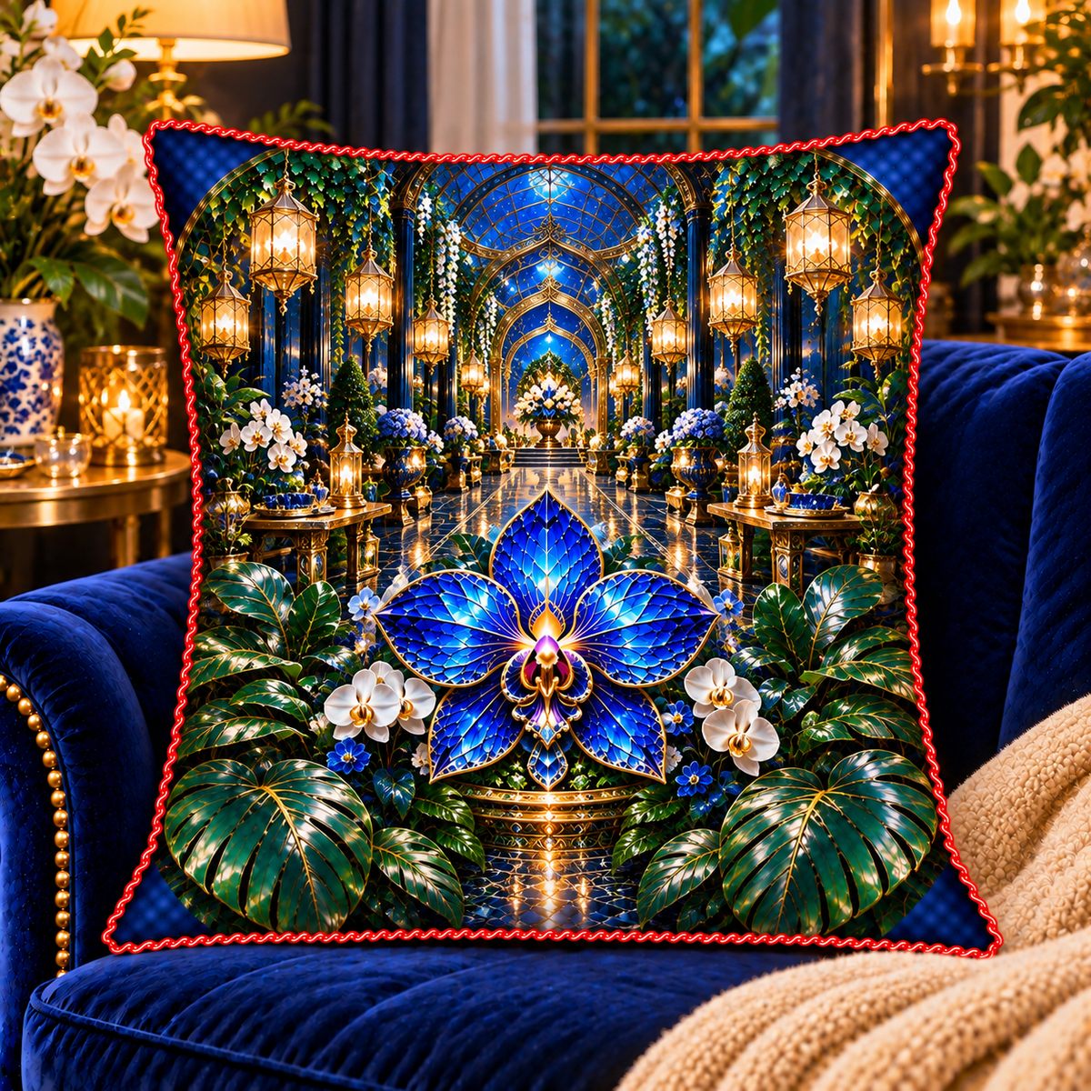 Celestial Host Garden Quilted Cushion Cover with printed optical 3D artwork in its use setting