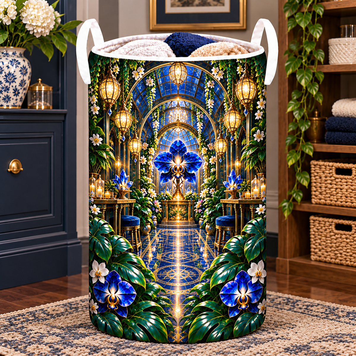 Celestial Host Garden Laundry Hamper with printed optical 3D artwork in its use setting