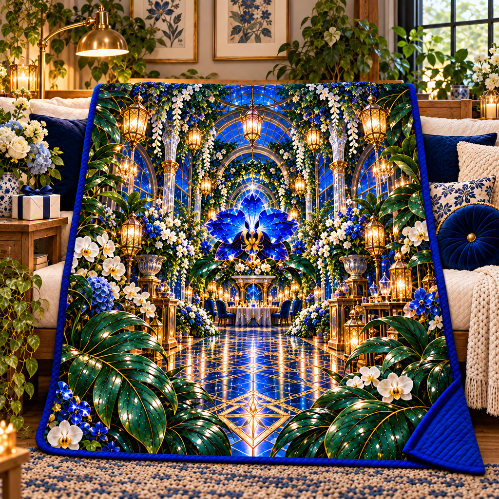 Celestial Host Garden Quilt Blanket with printed optical 3D artwork in its use setting