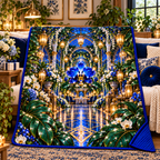 Celestial Host Garden Quilt Blanket with printed optical 3D artwork in its use setting