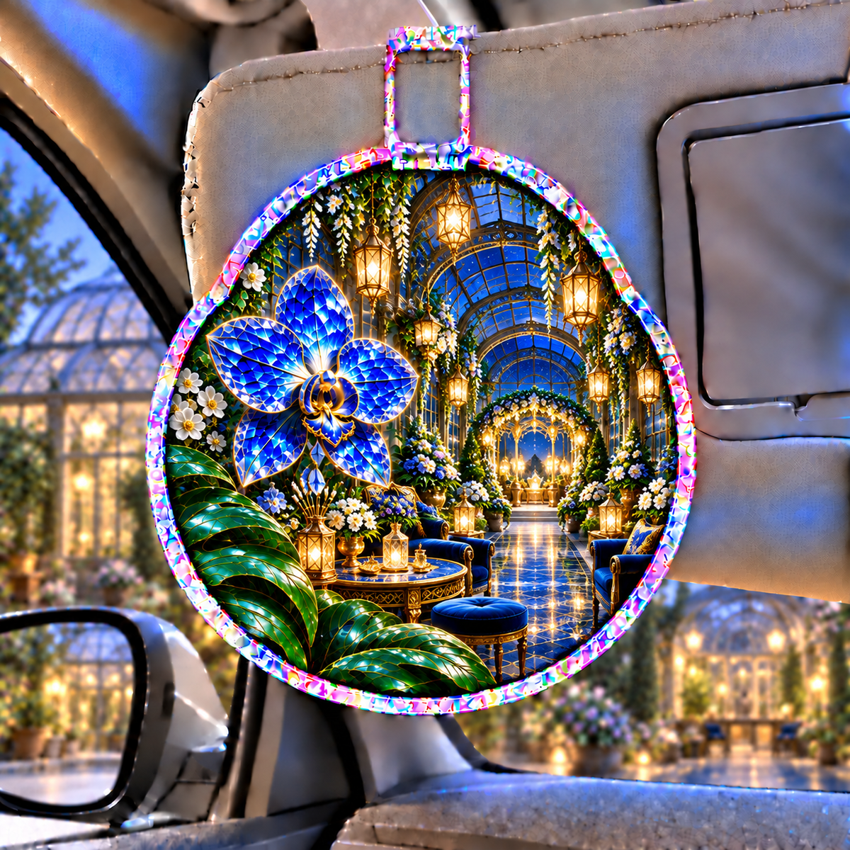 Celestial Host Garden Holographic Car Visor Clip with printed optical 3D artwork in its use setting