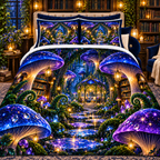 Celestial Mushroom Library Quilted Bedding Set with printed optical 3D artwork in its use setting