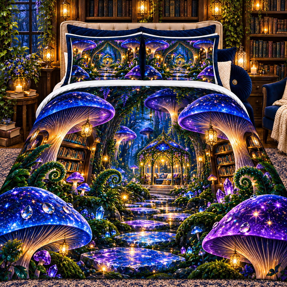 Celestial Mushroom Library Quilted Bedding Set with printed optical 3D artwork in its use setting