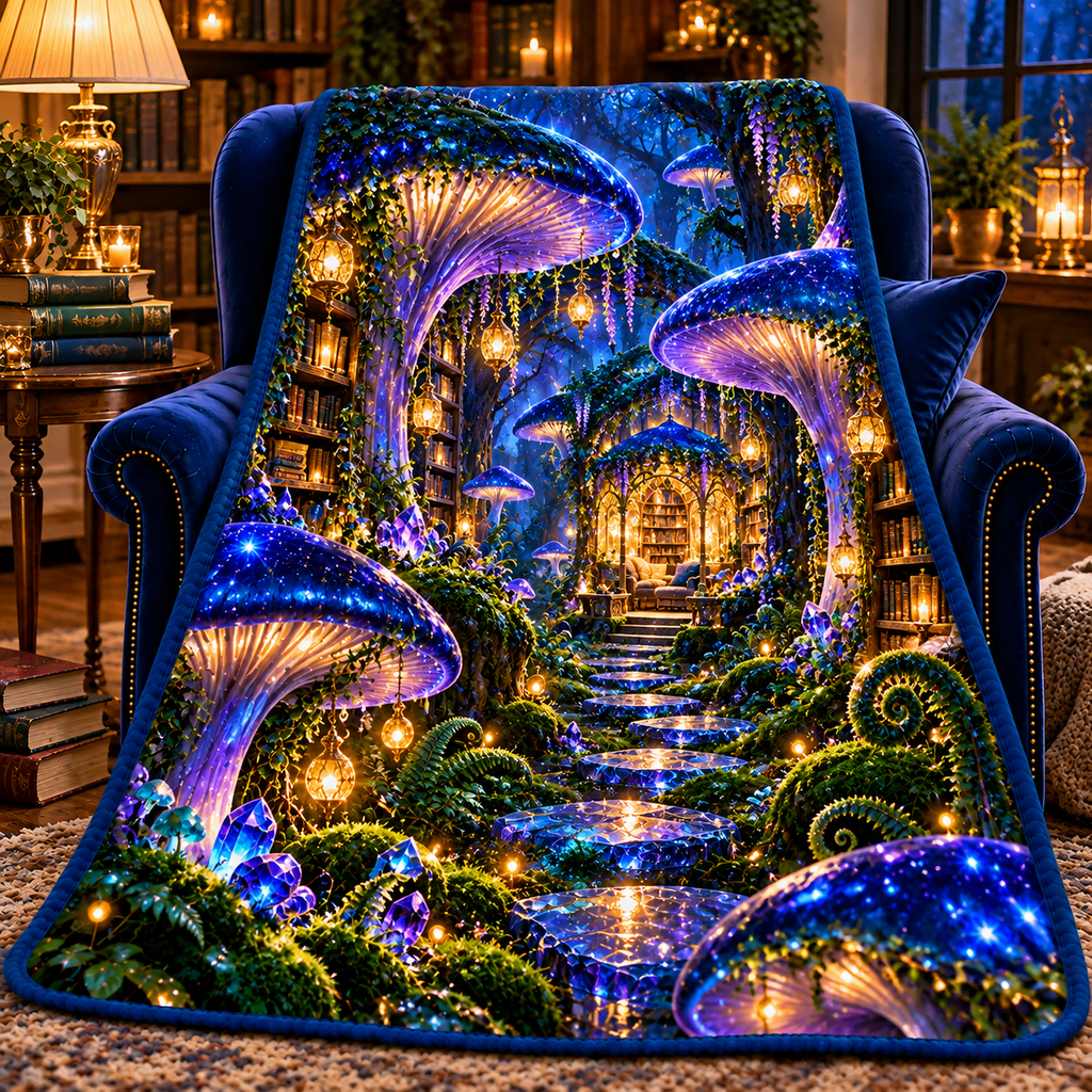 Celestial Mushroom Library Sherpa & Fleece Blanket with printed optical 3D artwork in its use setting