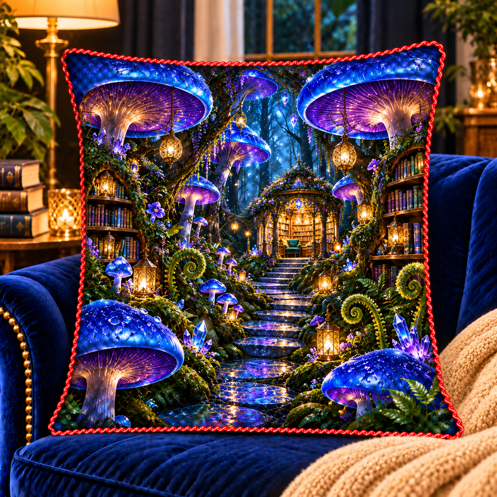 Celestial Mushroom Library Quilted Cushion Cover with printed optical 3D artwork in its use setting