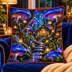 Celestial Mushroom Library Quilted Cushion Cover with printed optical 3D artwork in its use setting