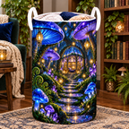 Celestial Mushroom Library Laundry Hamper with printed optical 3D artwork in its use setting