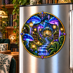 Celestial Mushroom Library Acrylic Refrigerator Magnet with printed optical 3D artwork in its use setting