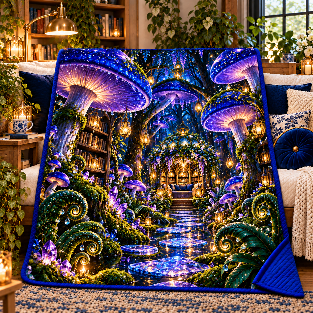 Celestial Mushroom Library Quilt Blanket with printed optical 3D artwork in its use setting
