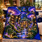 Celestial Mushroom Library Quilt Blanket with printed optical 3D artwork in its use setting