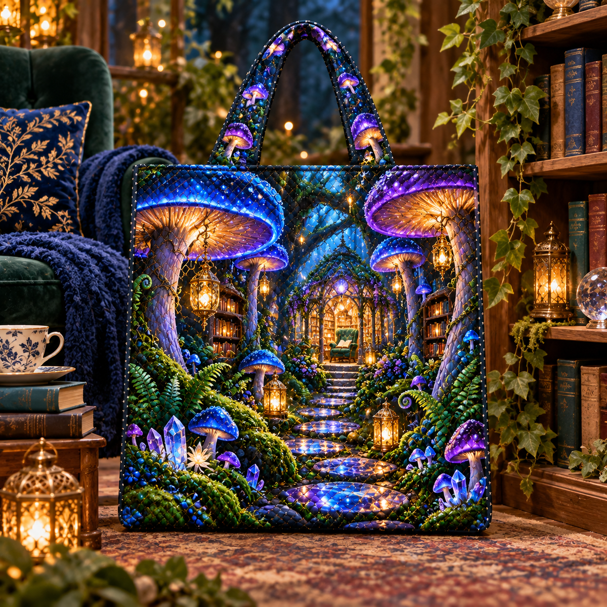 Celestial Mushroom Library Quilted Tote Bag with printed optical 3D artwork in its use setting