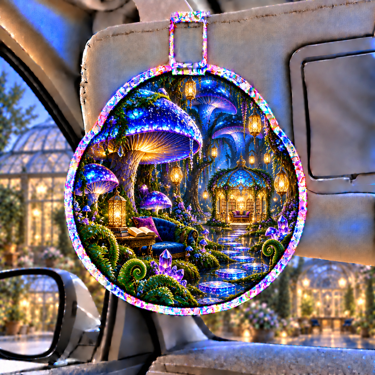 Celestial Mushroom Library Holographic Car Visor Clip with printed optical 3D artwork in its use setting