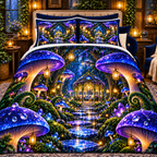 Celestial Mushroom Sanctuary Quilted Bedding Set with printed optical 3D artwork in its use setting