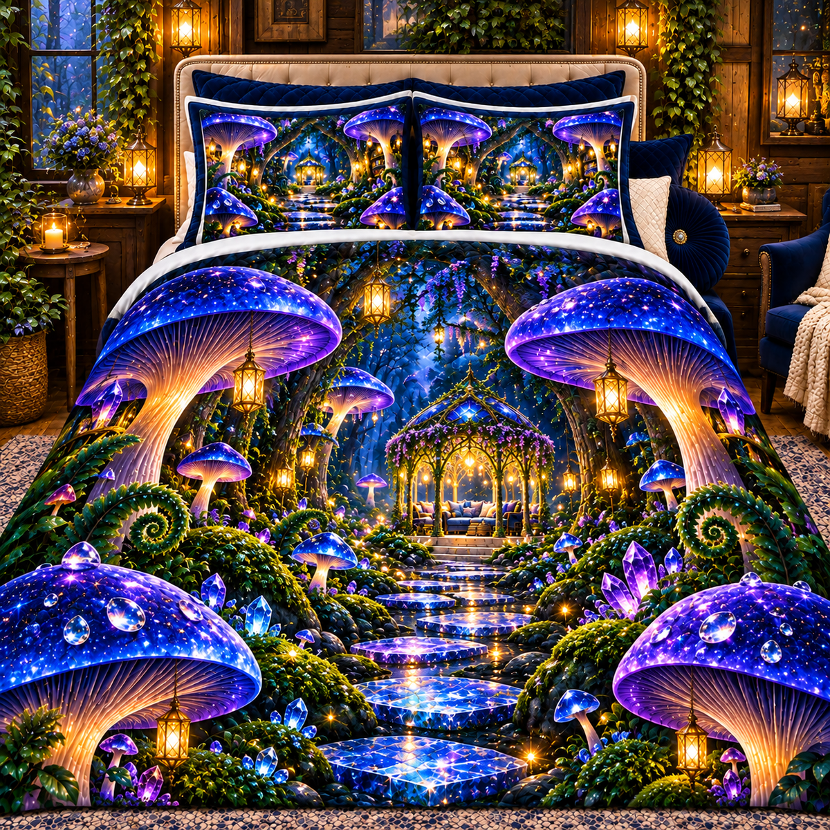 Celestial Mushroom Sanctuary Quilted Bedding Set with printed optical 3D artwork in its use setting
