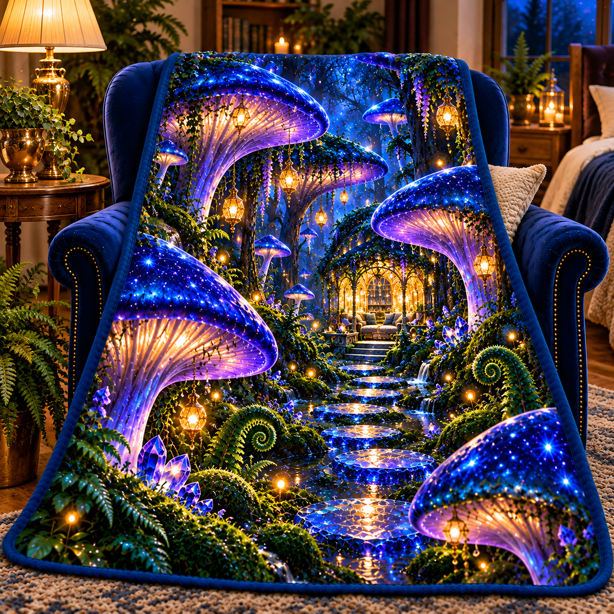 Celestial Mushroom Sanctuary Sherpa & Fleece Blanket with printed optical 3D artwork in its use setting