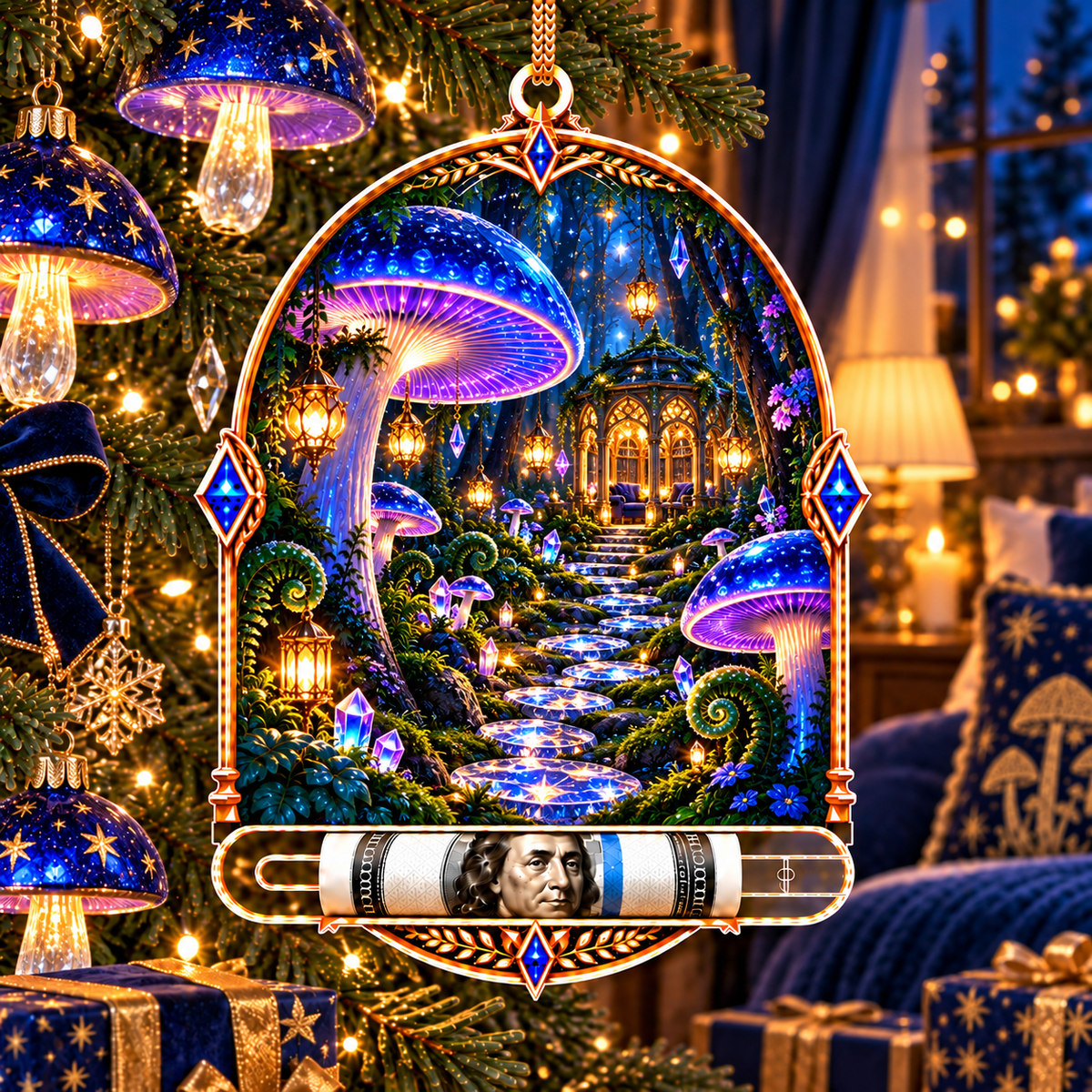Celestial Mushroom Sanctuary Acrylic Cash Holder Ornament with printed optical 3D artwork in its use setting