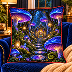 Celestial Mushroom Sanctuary Quilted Cushion Cover with printed optical 3D artwork in its use setting