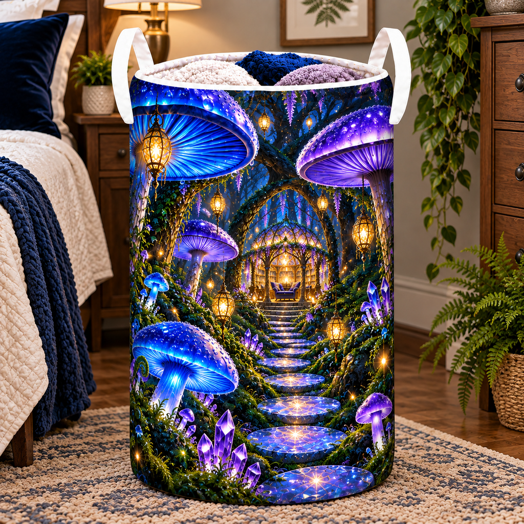 Celestial Mushroom Sanctuary Laundry Hamper with printed optical 3D artwork in its use setting