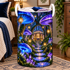 Celestial Mushroom Sanctuary Laundry Hamper with printed optical 3D artwork in its use setting