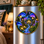 Celestial Mushroom Sanctuary Acrylic Refrigerator Magnet with printed optical 3D artwork in its use setting