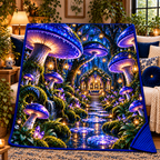 Celestial Mushroom Sanctuary Quilt Blanket with printed optical 3D artwork in its use setting