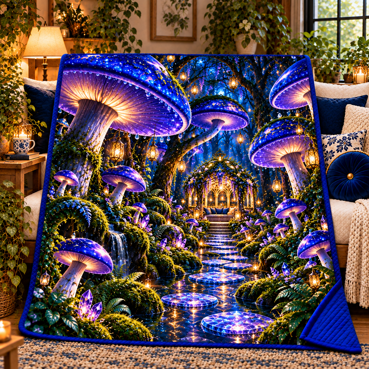 Celestial Mushroom Sanctuary Quilt Blanket with printed optical 3D artwork in its use setting