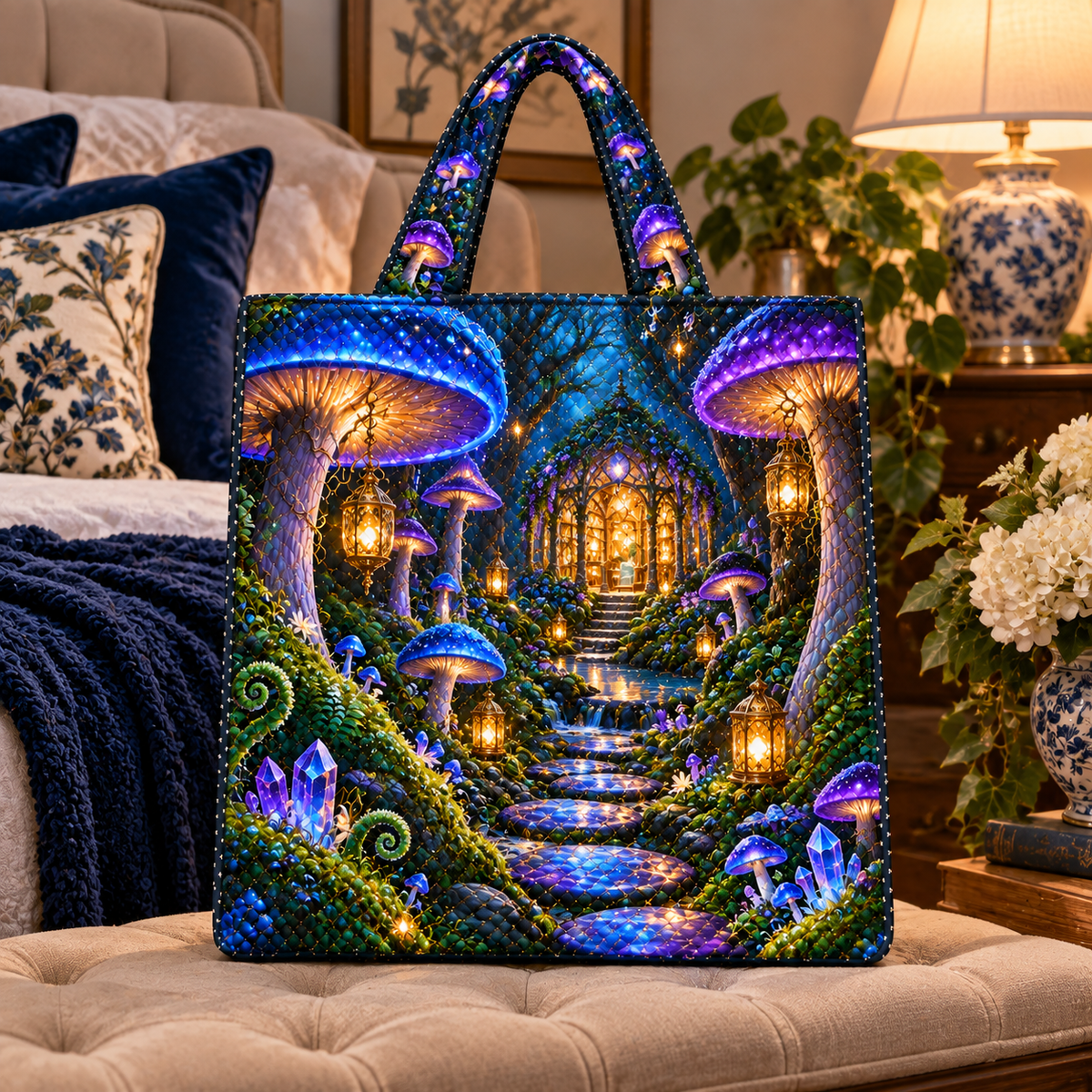 Celestial Mushroom Sanctuary Quilted Tote Bag with printed optical 3D artwork in its use setting