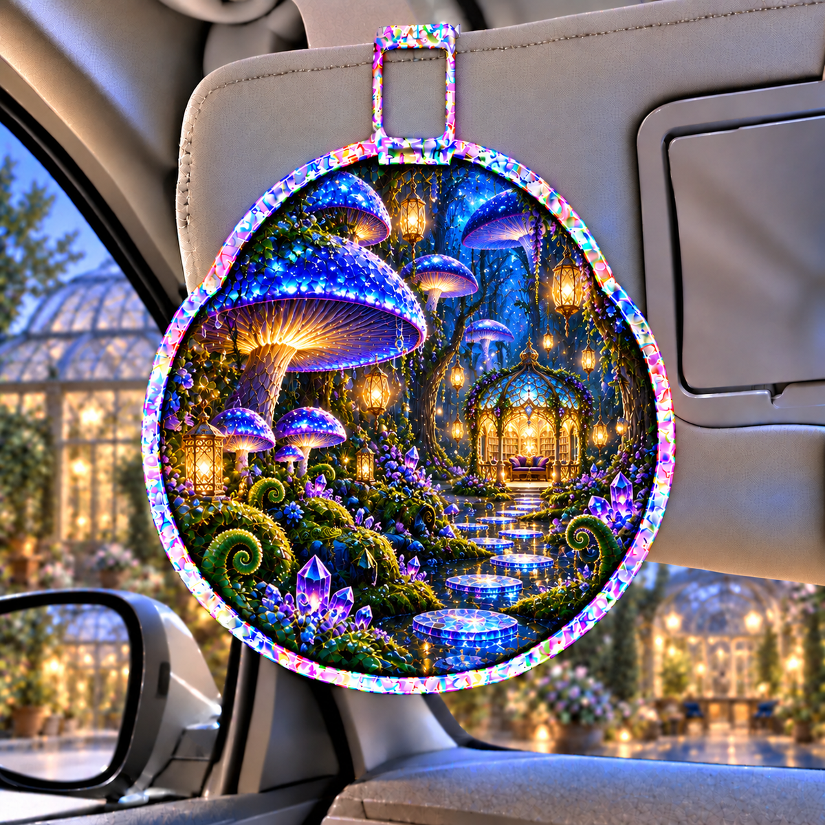 Celestial Mushroom Sanctuary Holographic Car Visor Clip with printed optical 3D artwork in its use setting