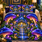 Celestial Mushroom Grand Salon Quilted Bedding Set with printed optical 3D artwork in its use setting