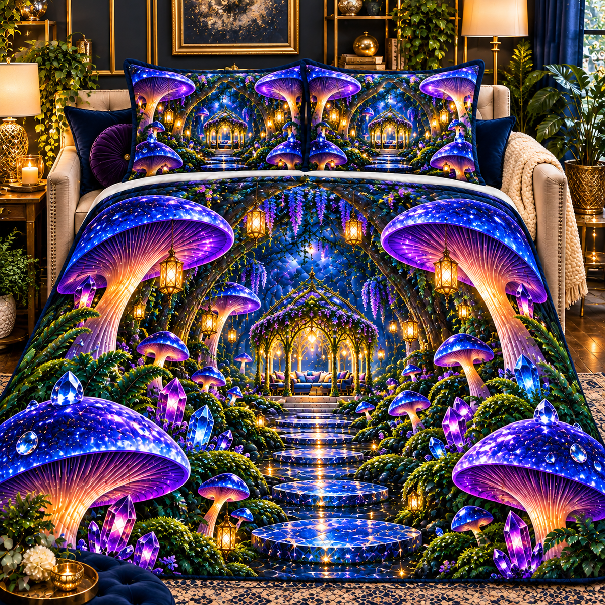 Celestial Mushroom Grand Salon Quilted Bedding Set with printed optical 3D artwork in its use setting