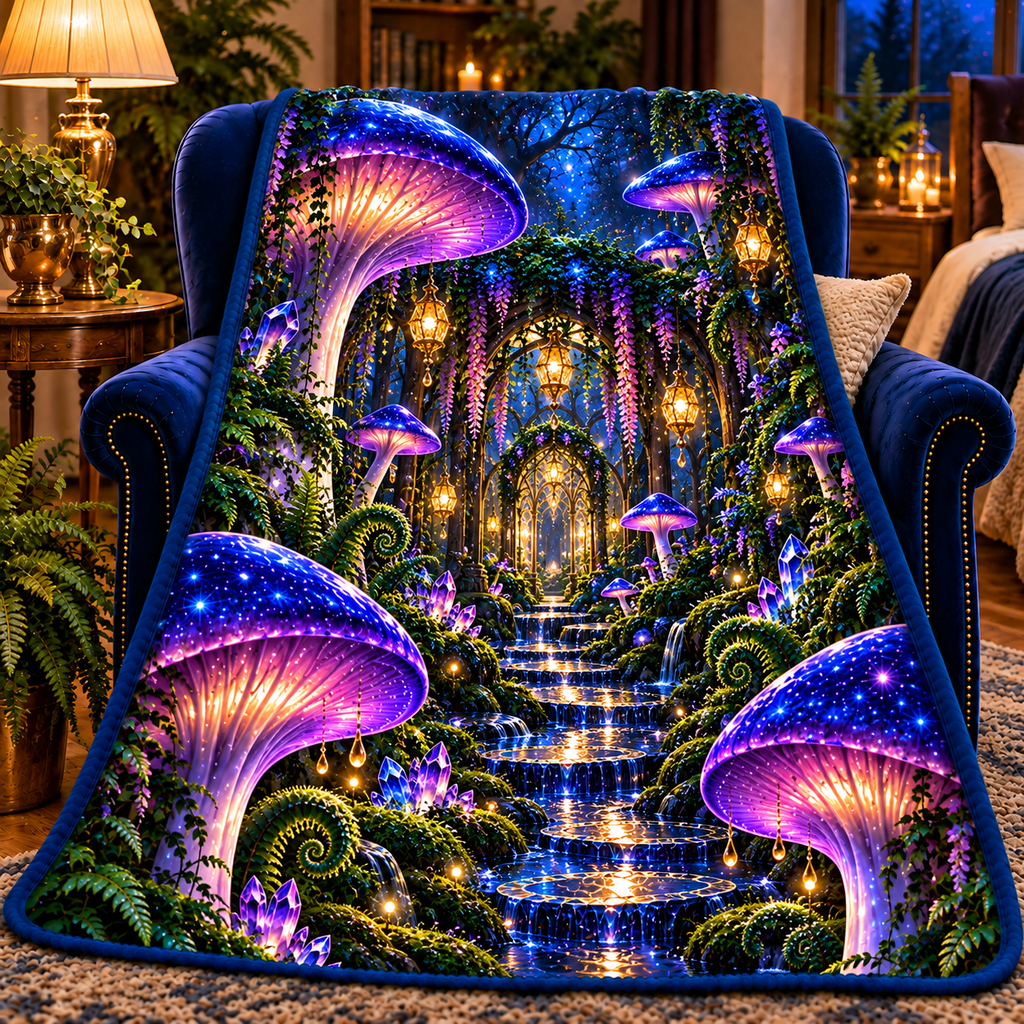 Celestial Mushroom Grand Salon Sherpa & Fleece Blanket with printed optical 3D artwork in its use setting