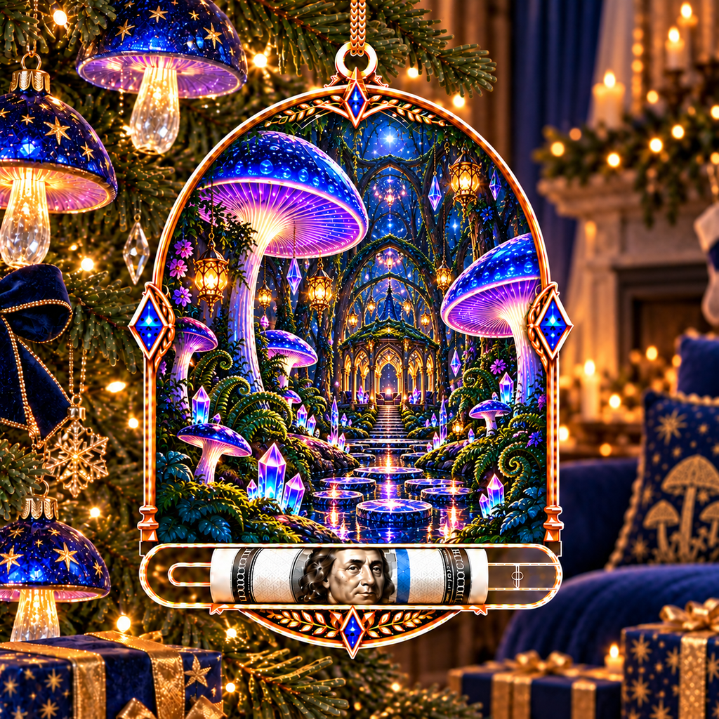 Celestial Mushroom Grand Salon Acrylic Cash Holder Ornament with printed optical 3D artwork in its use setting