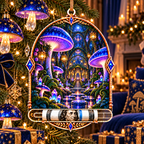 Celestial Mushroom Grand Salon Acrylic Cash Holder Ornament with printed optical 3D artwork in its use setting