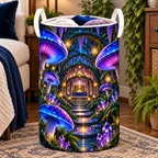 Celestial Mushroom Grand Salon Laundry Hamper with printed optical 3D artwork in its use setting