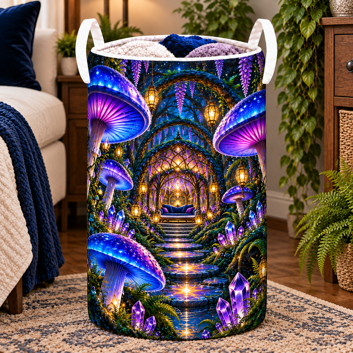 Celestial Mushroom Grand Salon Laundry Hamper with printed optical 3D artwork in its use setting