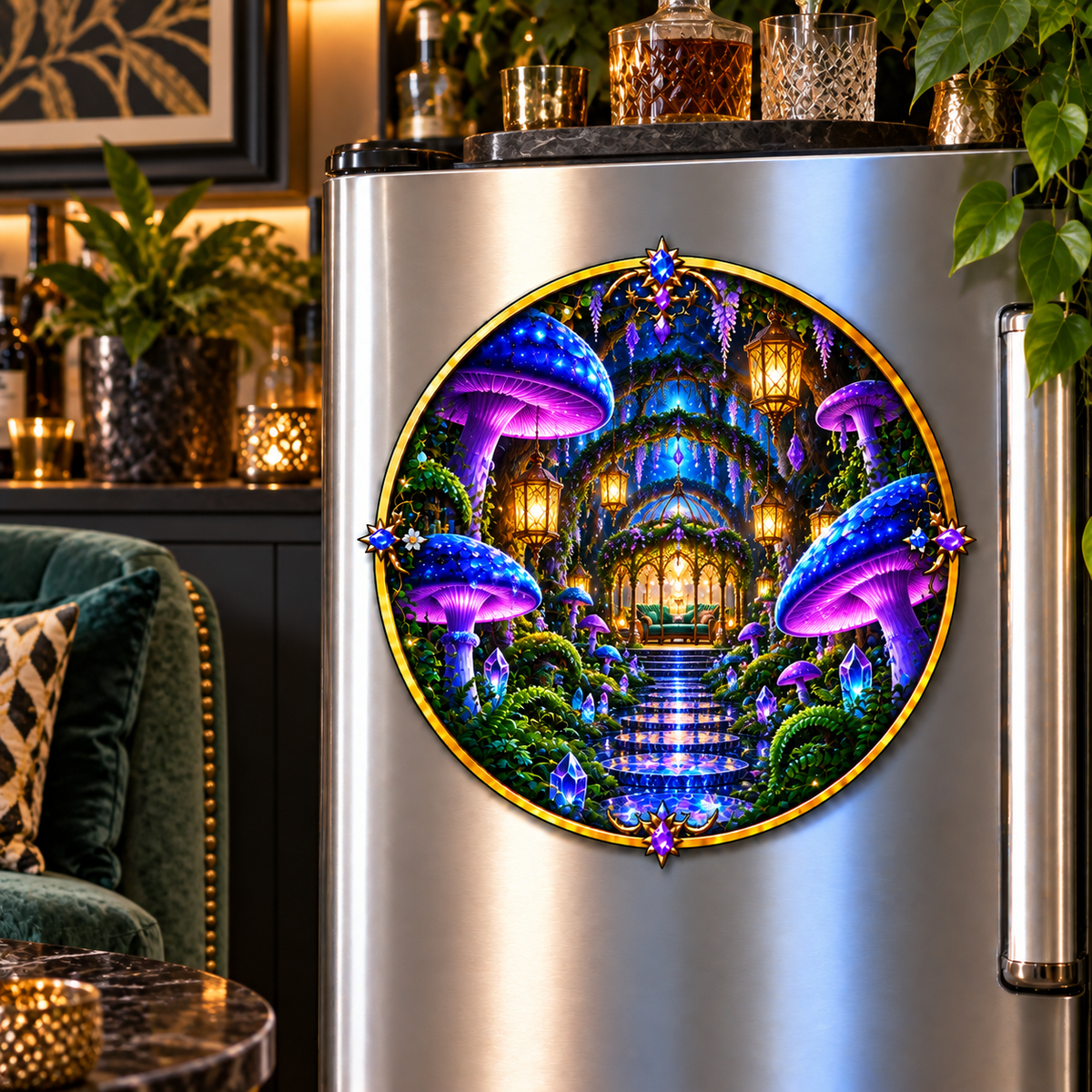 Celestial Mushroom Grand Salon Acrylic Refrigerator Magnet with printed optical 3D artwork in its use setting