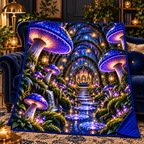Celestial Mushroom Grand Salon Quilt Blanket with printed optical 3D artwork in its use setting