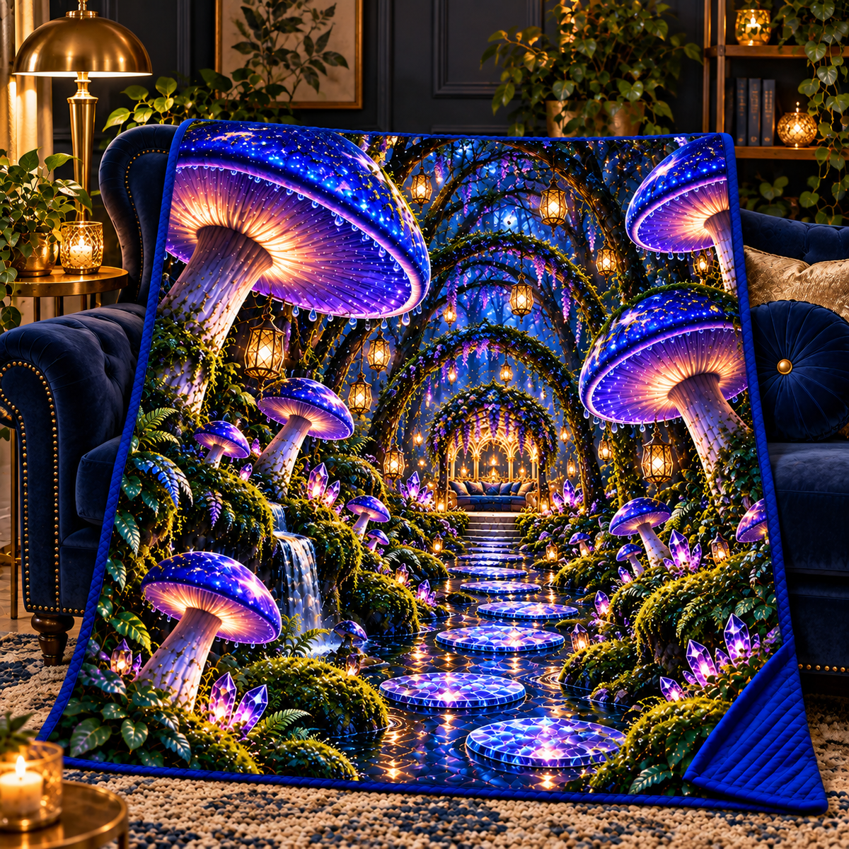 Celestial Mushroom Grand Salon Quilt Blanket with printed optical 3D artwork in its use setting
